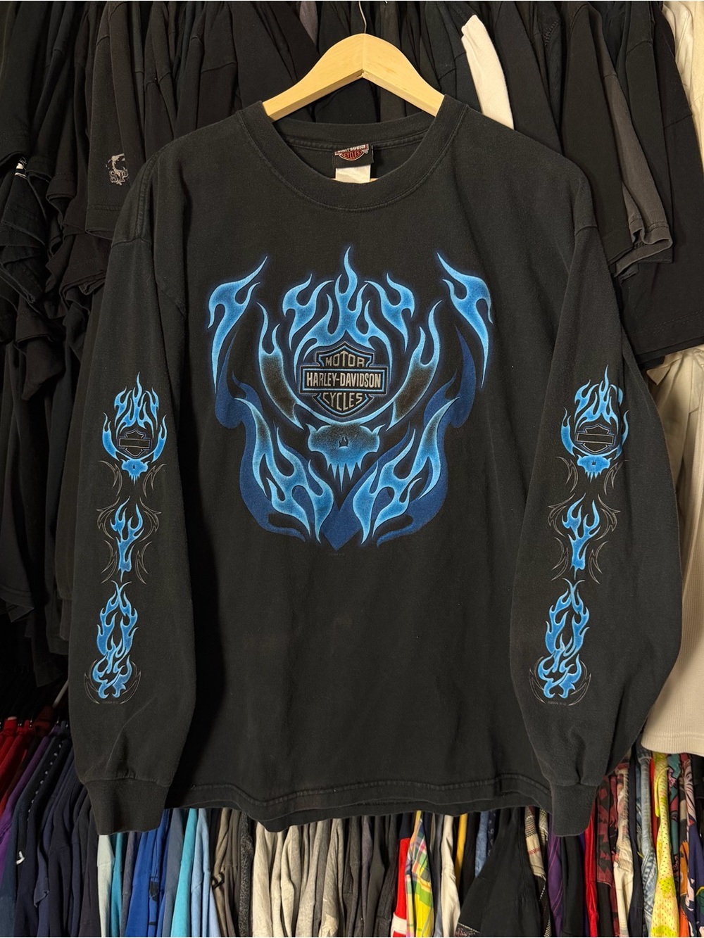 Harley Davidson Blue Flame Shirt Men’s Large Black Longsleeve Flame Hit Vintage